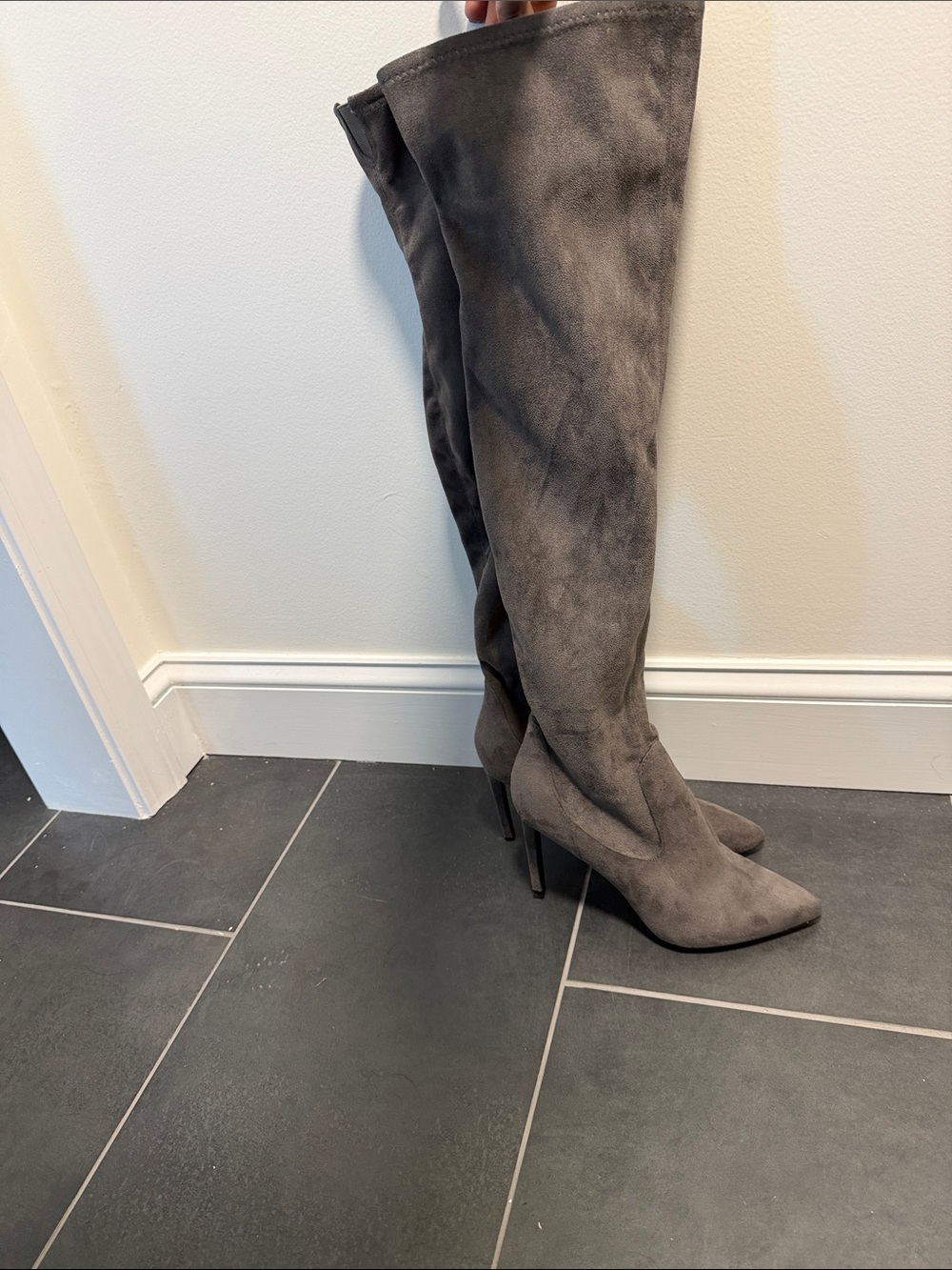 Gray Over-the-Knee faux Suede Stiletto Boots - Women's